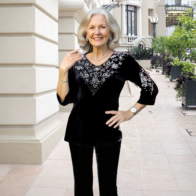 💞Moteriškas aksominis palaidinės ir kelnių komplektas su cirkoniais-LT