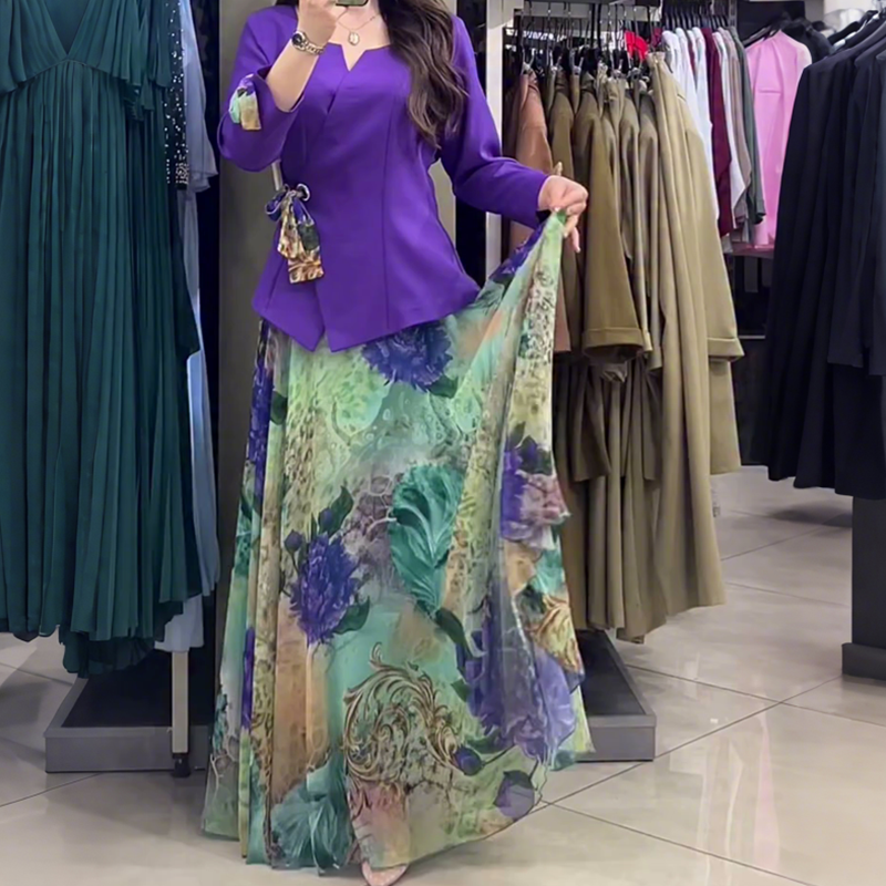 💜Κομψό τοπ και φούστα με φλοράλ μοτίβα, σετ δύο τεμαχίων-GR