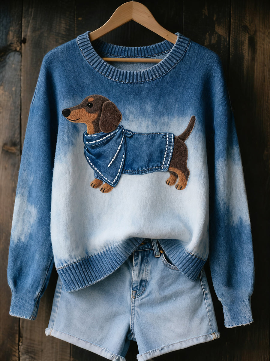 Moteriškas jaukus megztas megztinis su gyvūnų raštu ir vintažiniu meno kūriniu-LT