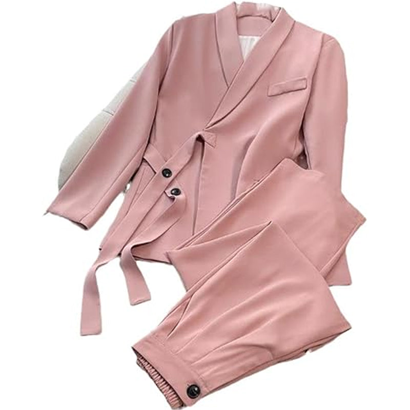 Dviejų dalių moteriškas komplektas – švarkas su raišteliu priekyje ir plačios kelnės-LT