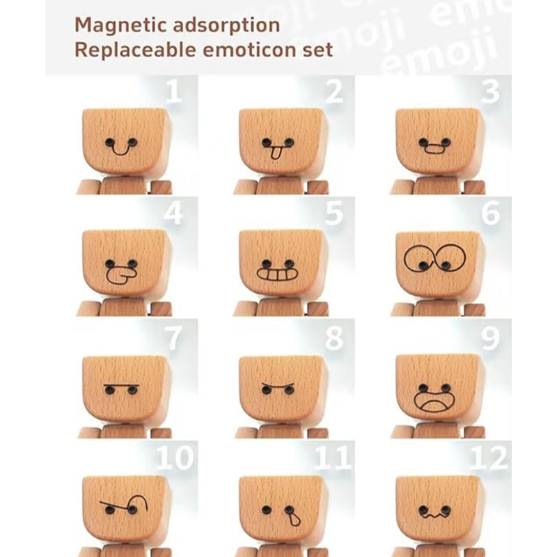 Urocza mała drewniana figurka, która porusza się z 12 różnymi wyrazami twarzy