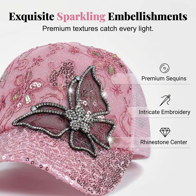 📦 Płatność przy odbiorze – Czapka baseballowa z cekinami „Crystal Butterfly” | Lśniące, dwustronne cekiny, lśniący wzór motyla 🧢✨