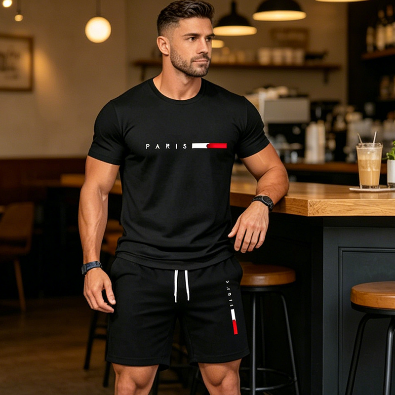 👕 30% ZNIŻKI TERAZ! ⏰ Dwuczęściowy męski komplet z nadrukiem – Miękki i przewiewny – Luźny krój, idealny na letni relaks lub codzienne wyjścia – W komplecie top i szorty 🩳