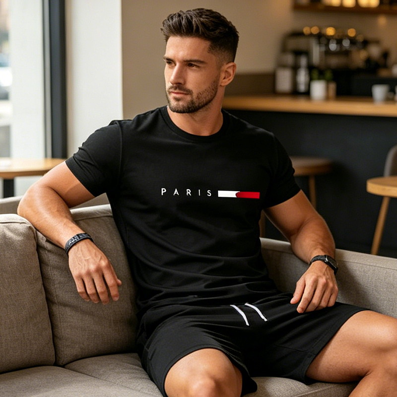 👕 30% ZNIŻKI TERAZ! ⏰ Dwuczęściowy męski komplet z nadrukiem – Miękki i przewiewny – Luźny krój, idealny na letni relaks lub codzienne wyjścia – W komplecie top i szorty 🩳