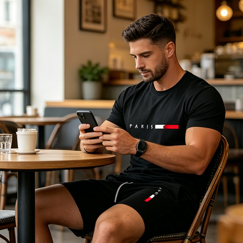 👕 30% ZNIŻKI TERAZ! ⏰ Dwuczęściowy męski komplet z nadrukiem – Miękki i przewiewny – Luźny krój, idealny na letni relaks lub codzienne wyjścia – W komplecie top i szorty 🩳