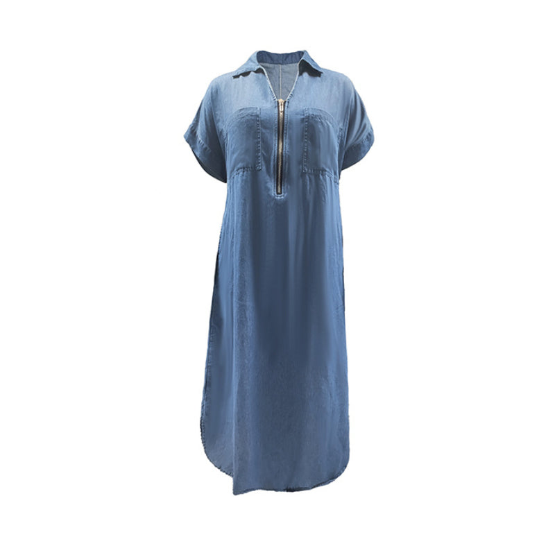 😍Nieustająca elegancja i urok🌠️Długa sukienka jeansowa dla kobiet z dekoltem w serek i zamkiem błyskawicznym🌟