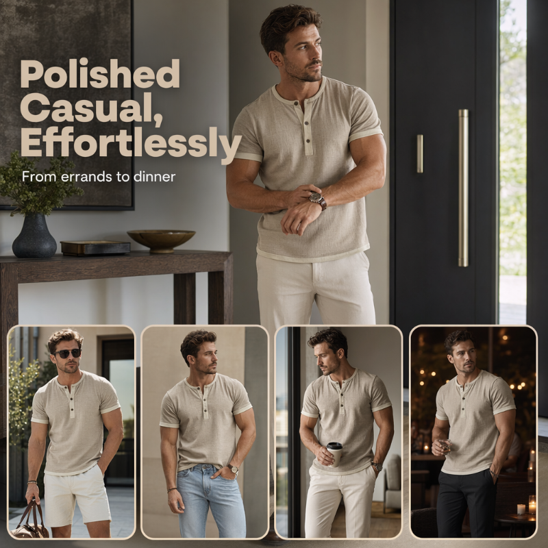 ⌛Oferta limitowana – Męska koszulka typu henley z krótkim rękawem i przewiewnym materiałem