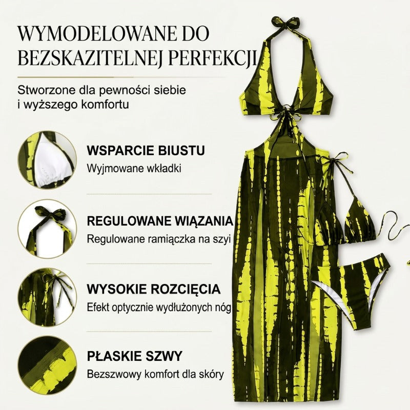 Dwuczęściowy kostium kąpielowy w paski z wiązanym dekoltem i detalami w formie kółek