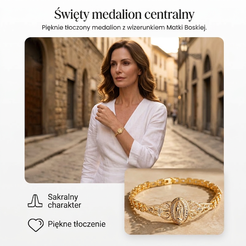 📿🌸 Elegancka bransoletka z ażurowym wizerunkiem Matki Boskiej – mistrzowska rzeźba – płatność przy odbiorze ✨✅