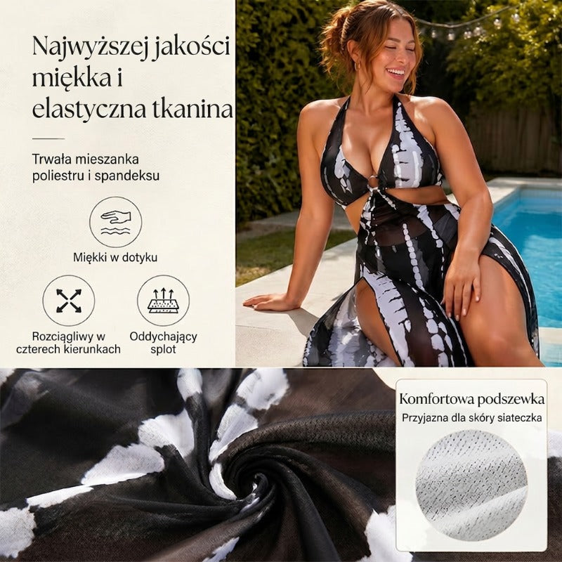 Dwuczęściowy kostium kąpielowy w paski z wiązanym dekoltem i detalami w formie kółek