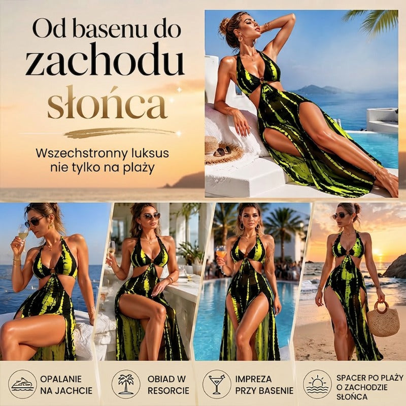 Dwuczęściowy kostium kąpielowy w paski z wiązanym dekoltem i detalami w formie kółek
